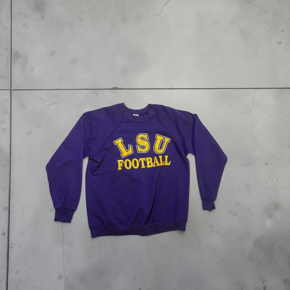 Vintage LSU Football Sweatshirt Trench Mfg Co Purple Raglan Crewneck Mens Medium
